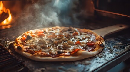 Anticipation builds as a close up photograph captures the moment a homemade pizza is expertly slid into a hot oven using a wooden peel showcasing the raw ingredients and the promise of a delicious