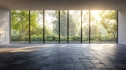 Sticker - Empty Room with Large Windows Overlooking Lush Green Trees and Sunlight