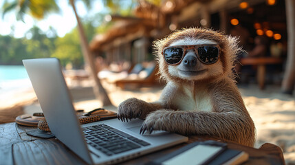 a sloth is working as a freelancer on a tropical beach, enjoying the peaceful and tranquil atmospher