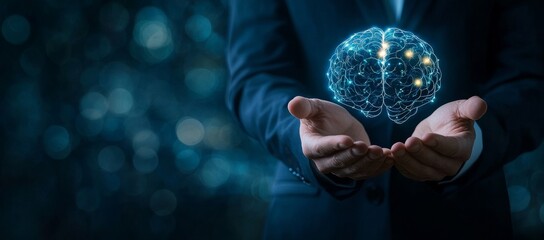 Poster - Businessman holding a glowing digital brain in his hands.