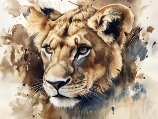 Wall Mural - Watercolor Lioness Portrait with Abstract Background