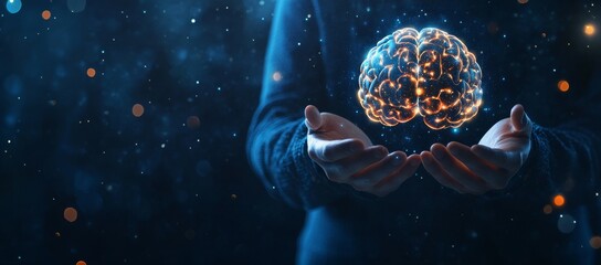 Poster - A glowing human brain held in cupped hands against a dark, starry background.