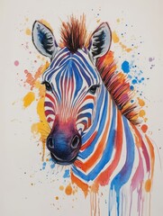 Wall Mural - Watercolor Zebra Painting with Colorful Splashes