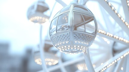 A close-up of a beautifully lit ferris wheel gondola, showcasing its elegant design against a soft, dreamy background.