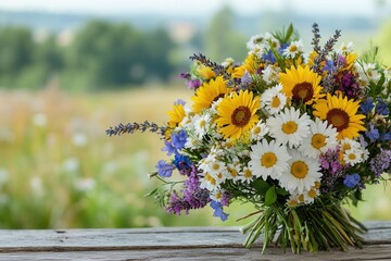 Wall Mural - A stunning bouquet of wildflowers displays an array of colors with daisies, sunflowers, and lavender in a rustic and natural style. Generative AI