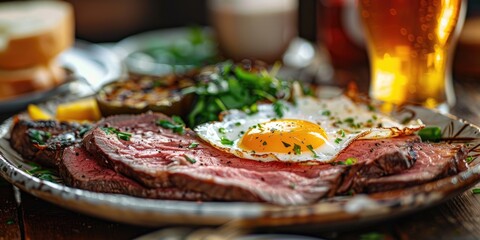 Wall Mural - Beef roast dish accompanied by a fried egg and a beer at an eatery.