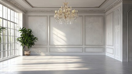 Sticker - A Sunlit Elegant Room with White Walls, a Crystal Chandelier, and Ornate Molding