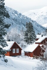 Poster - Red Cabins on Snowy Slope