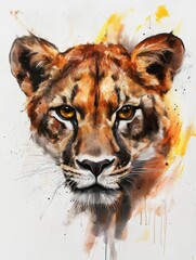 Wall Mural - Watercolor Painting of a Lioness s Face with Yellow Eyes