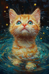 Wall Mural - A ginger kitten with bright green eyes gazes up at the starry night sky, surrounded by swirling water and bubbles.