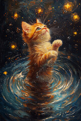 Wall Mural - A ginger kitten stands in a pool of water, looking up at the stars in the night sky.