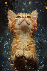 Canvas Print - A ginger kitten floats in water, looking up at stars in the night sky.