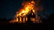 © Paul - Nighttime fire consuming an aged wooden home, flames licking through windows, bright orange glow against a starry sky, dramatic scene of destruction