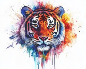 Wall Mural - Watercolor Tiger Portrait with Colorful Splashes and Drips