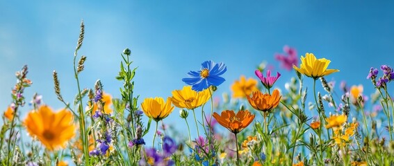 Wall Mural - colorful wild flowers in a field with blue sky.