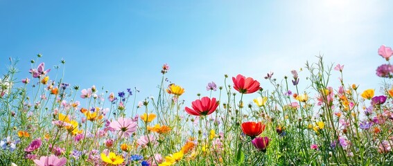 Wall Mural - colorful wildflowers in a field against a clear blue sky.