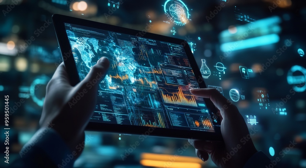 Hands holding a tablet with a futuristic interface showing a world map ...