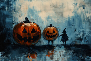 oil paint of scary halloween Pumpkin in cemetery dark Night . Holiday event halloween banner background concept.