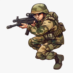 Wall Mural -  army action, cartoon soldier, white background