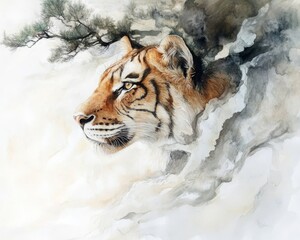 Wall Mural - Watercolor Painting of a Tiger s Head with Branch