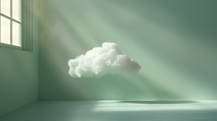 Single Cloud Floating in Minimalist Green Room with Soft Sunlight