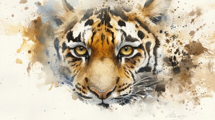 Wall Mural - Watercolor Tiger Portrait with Splashes of Color