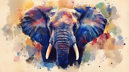 Wall Mural - Watercolor Painting of an Elephant s Face with Colorful Splashes