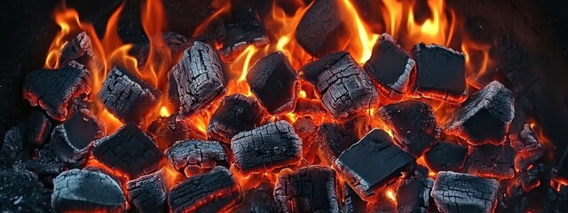 Glowing embers, charcoal fragments, fiery flames, burning logs, grilling grates, intense heat, smoke tendrils, scorched edges, vibrant orange hues, charred textures, crackling fire