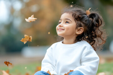 Arabian little girl smiling wearing sweatshirt playing at sunny autumn park