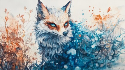 Wall Mural - Watercolor Painting of a Fox in a Whimsical Forest Scene