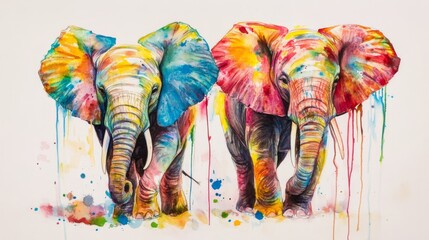 Colorful Watercolor Painting of Two Elephants