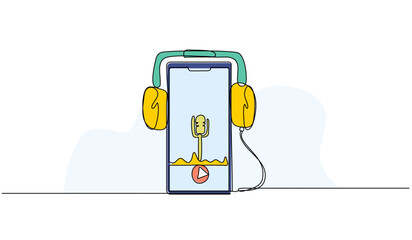 Wall Mural - Vector illustration of headset and microphone for podcast. Modern flat in continuous line style.