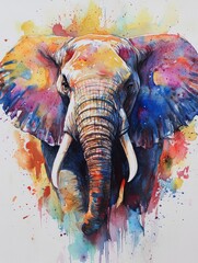 Wall Mural - Watercolor Painting of an Elephant with Colorful Splashes