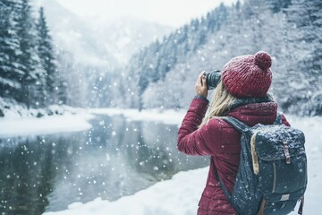 Poster - a woman taking a picture of a lake in the snow