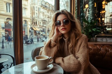 Sticker - a woman sitting at a table with a cup of coffee