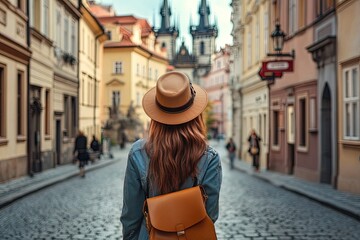 Sticker - a woman walking down a cobblestone street