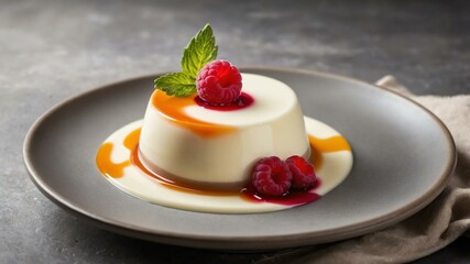 Wall Mural - italian dessert dish panna cotta isolated on an aesthetic plating, concept for advertisement background