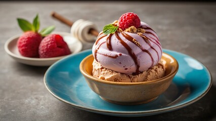 Wall Mural - italian dessert dish gelato isolated on a ceramic plate, concept for advertisement background