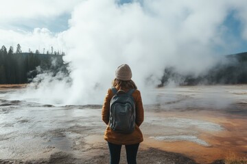 Sticker - a woman with a backpack standing in front of a geyser