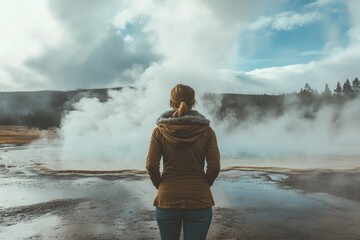 Wall Mural - a woman standing in front of a geyser