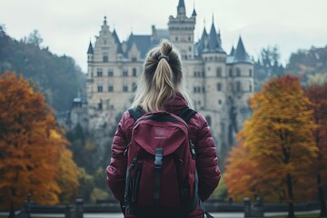 Canvas Print - a woman with a backpack is standing in front of a castle