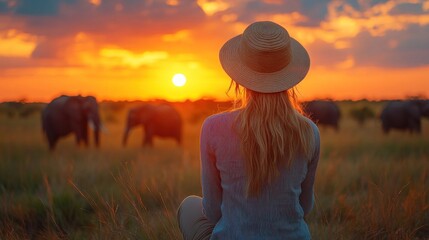 Poster - Woman in Hat Watching Sunset Over Savanna