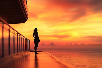 Canvas Print - a woman standing on a pier at sunset