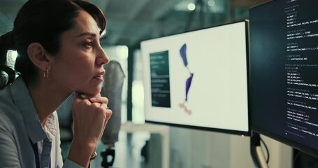 Prosthetics, research and woman with computer screen in office for artificial leg, development and innovation. Bionic limb, interface and prosthetist with tech by prototype for biomechanics review
