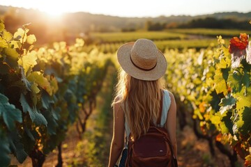 Canvas Print - a woman wearing a hat walks through a vineyard