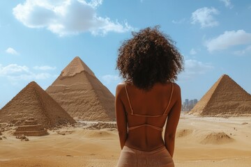 Wall Mural - a woman standing in front of the pyramids of giza