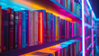 © Poramet - Illuminated book collection: Close-up view of books on a shelf in a library, with neon lights adding a futuristic and stylish element