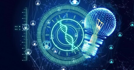 Wall Mural - dna strand and light bulb animation over network of connections and user icons