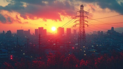 Canvas Print - Cityscape Sunset with Power Lines