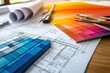 © ImagePulse - Photorealistic close-up of color samples on a wooden desk with office blueprints and design tools